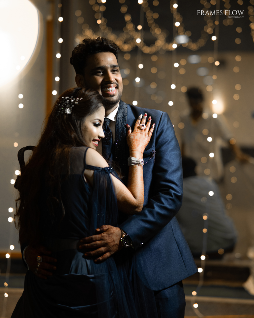 A beautiful Telugu groom and the bride, close to each other and feels their moment capturing a heartfelt moment during their reception shoot in Hyderabad/ Build Your Quote