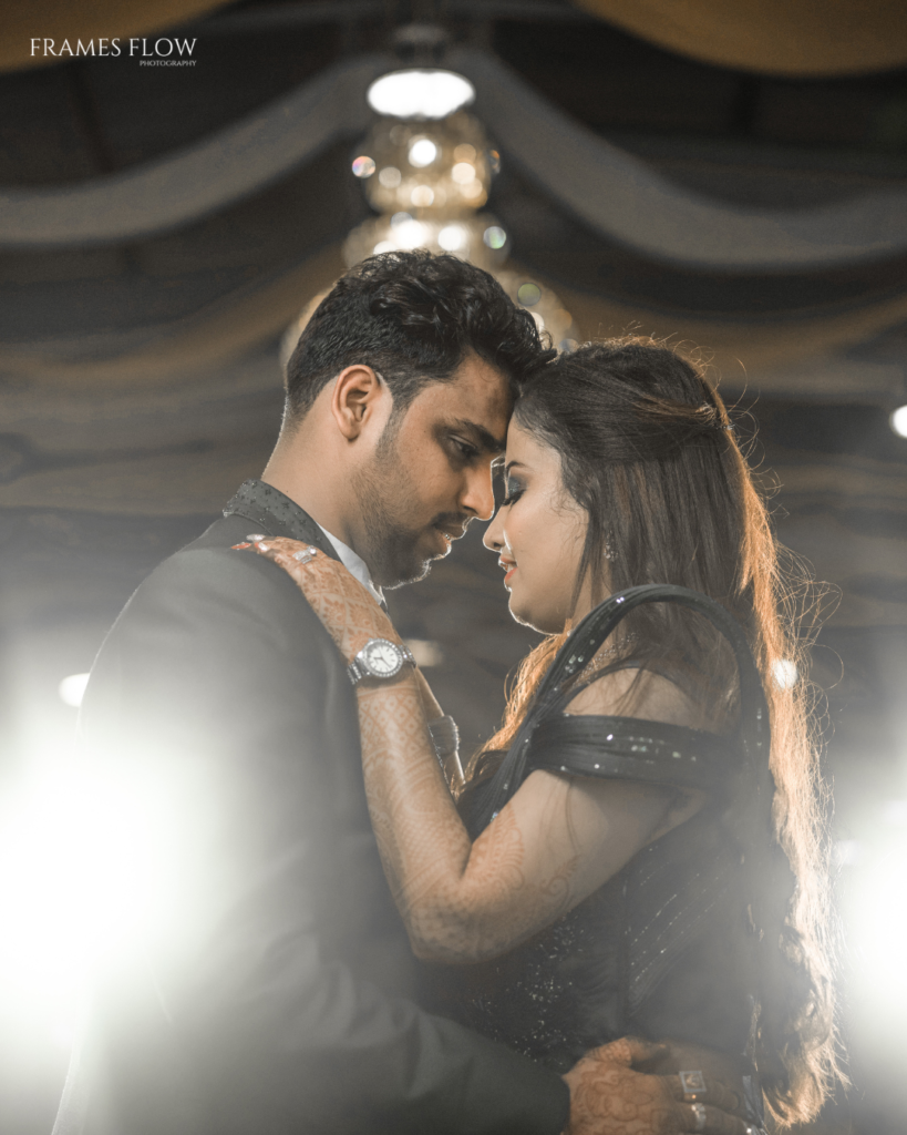 A beautiful Telugu groom and the bride, close to each other and feels their moment capturing a heartfelt moment during their reception shoot in Hyderabad