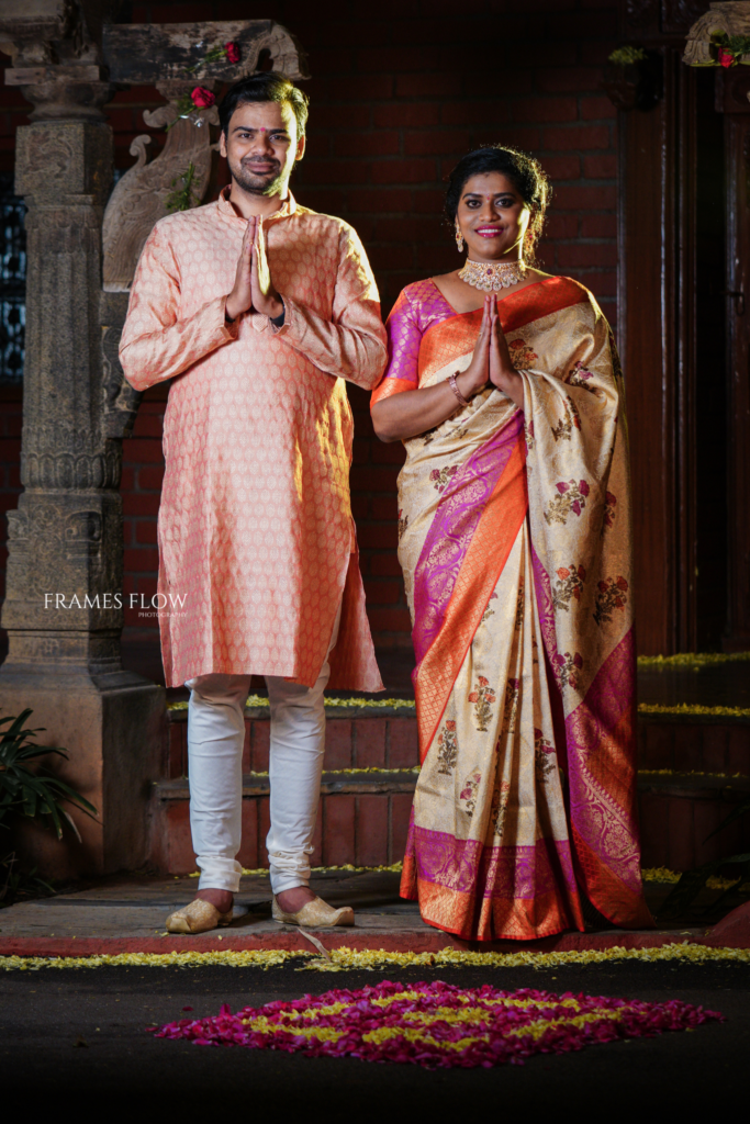 Telugu Wedding couple stills through a traditional gesture captures by Framesflow photography in Hyderabad