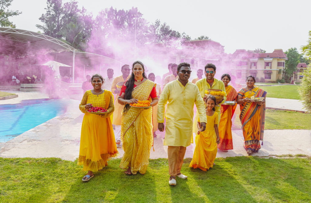 Telugu groom coming with her friends during a traditional Telugu Haldi ceremony, captured by Framesflow photography in Hyderabad