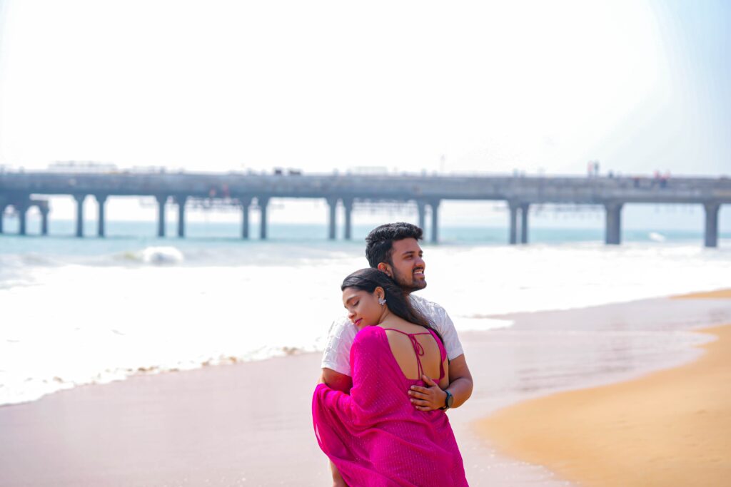 A beautiful Telugu couple hugging each other, capturing a heartfelt moment during their pre wedding shoot in Hyderabad