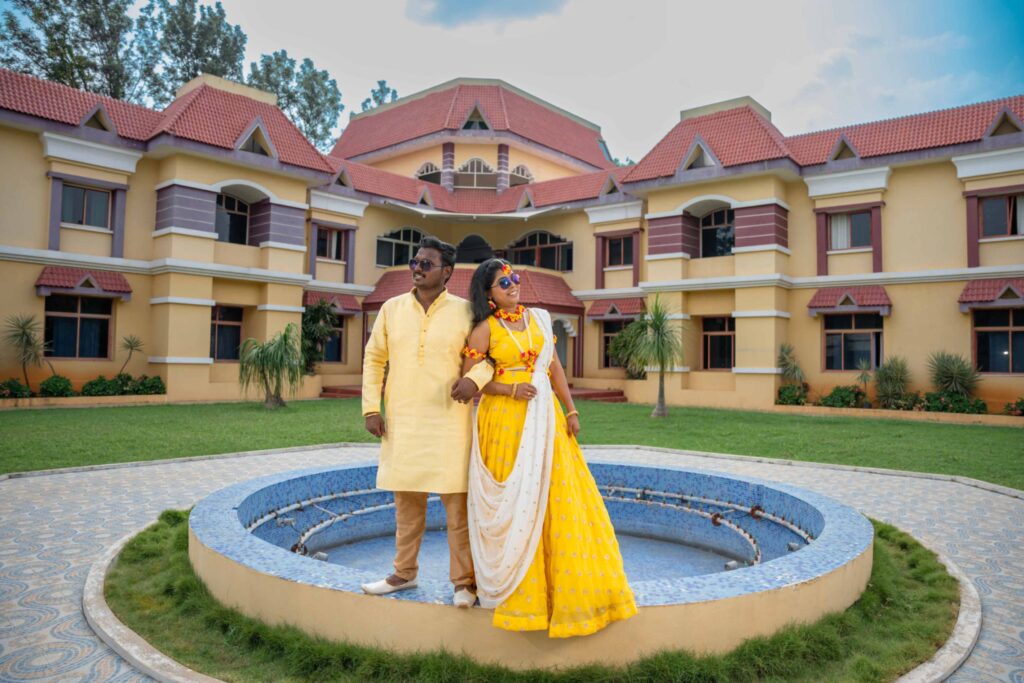 In the Haldi ceremony, the Telugu wedding couple poses stunningly captured by Framesflow photography in Hyderabad