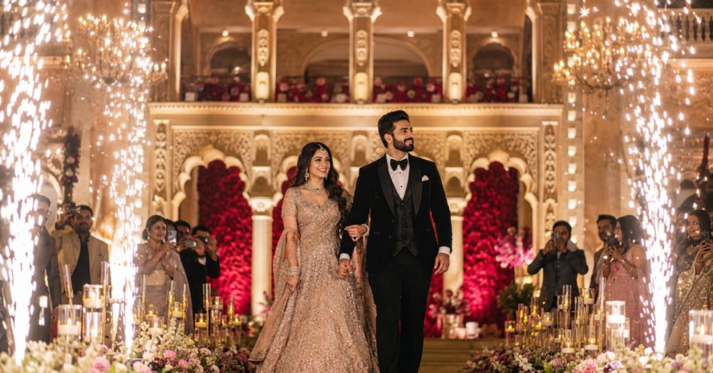 Bride and groom making a cinematic grand entry at a luxury wedding venue in Hyderabad with cold spark effects and professional wedding photography